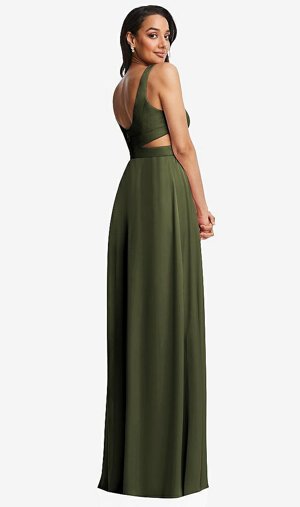 Back View - Olive Green Open Neck Cross Bodice Cutout  Maxi Dress with Front Slit