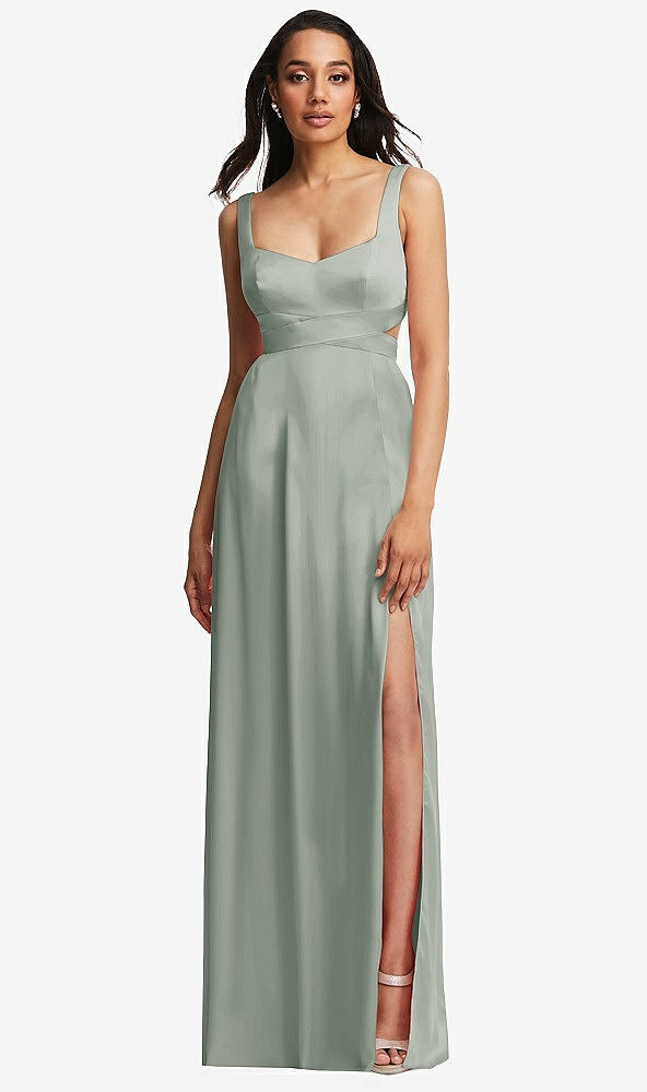 Front View - Willow Green Open Neck Cross Bodice Cutout  Maxi Dress with Front Slit