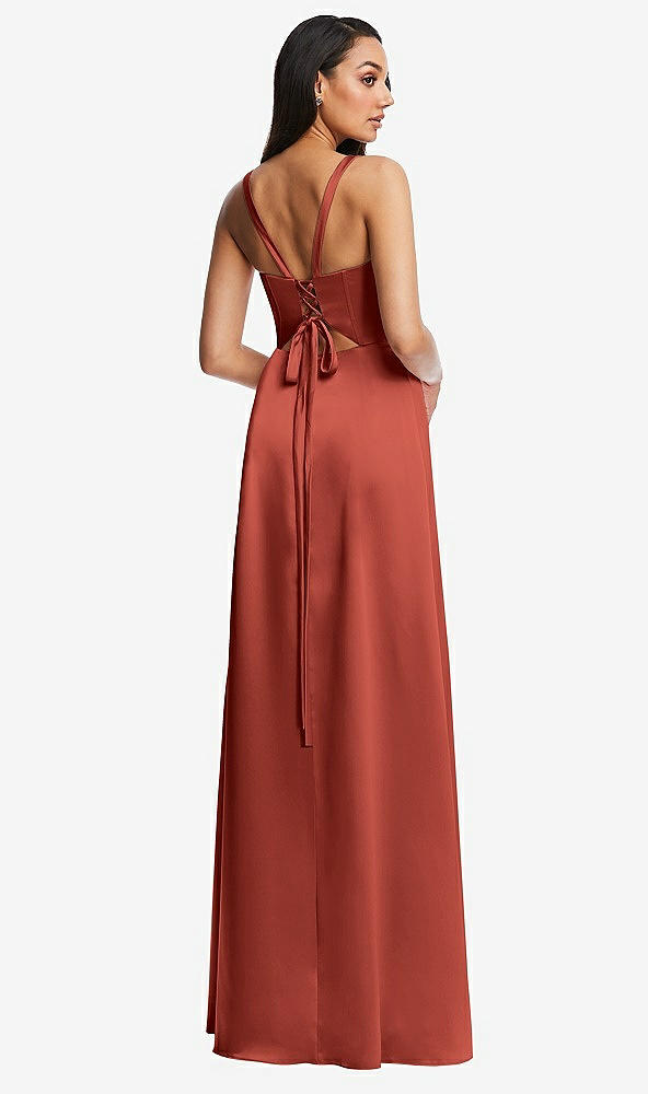 Back View - Amber Sunset Lace Up Tie-Back Corset Maxi Dress with Front Slit