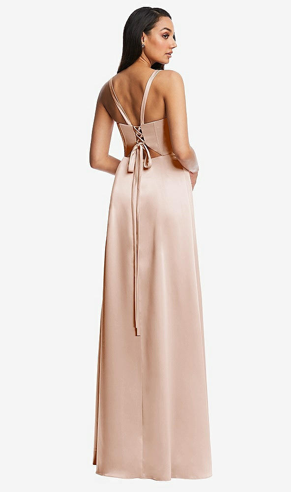 Back View - Cameo Lace Up Tie-Back Corset Maxi Dress with Front Slit