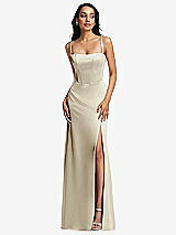 Front View Thumbnail - Champagne Lace Up Tie-Back Corset Maxi Dress with Front Slit