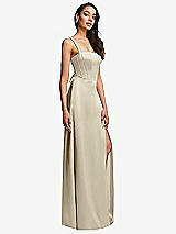 Side View Thumbnail - Champagne Lace Up Tie-Back Corset Maxi Dress with Front Slit