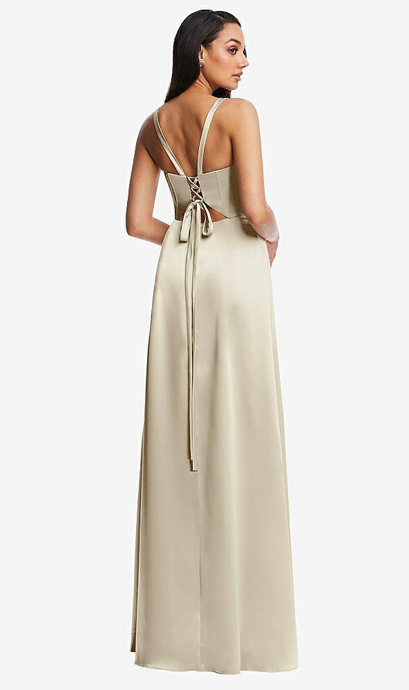 Back View - Champagne Lace Up Tie-Back Corset Maxi Dress with Front Slit