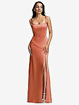 Front View Thumbnail - Terracotta Copper Lace Up Tie-Back Corset Maxi Dress with Front Slit