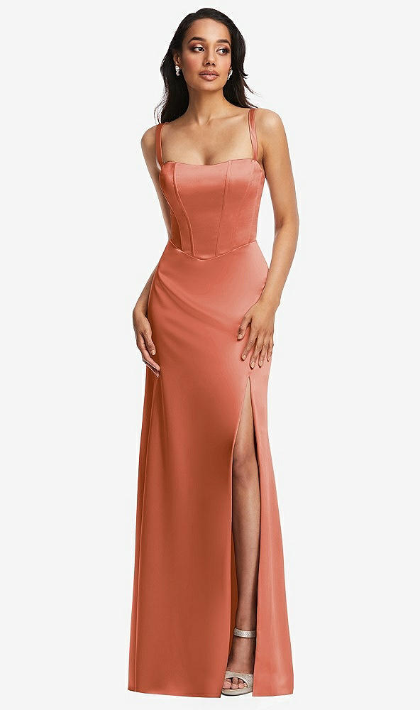 Front View - Terracotta Copper Lace Up Tie-Back Corset Maxi Dress with Front Slit