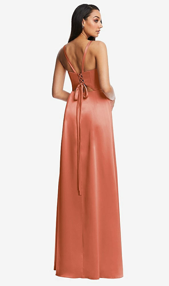 Back View - Terracotta Copper Lace Up Tie-Back Corset Maxi Dress with Front Slit