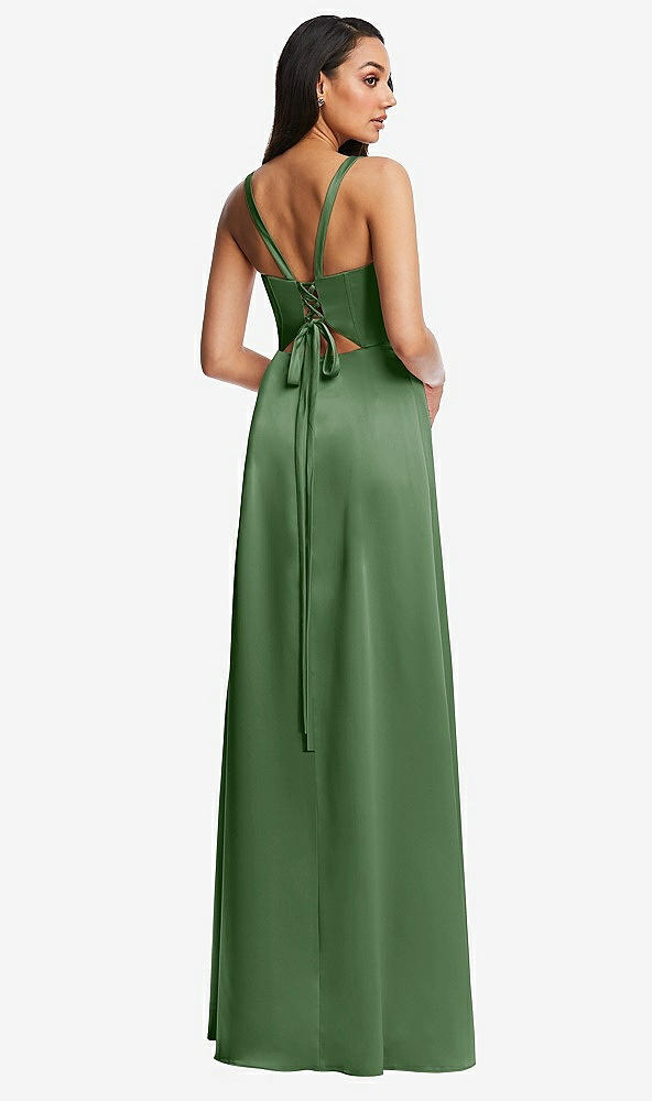 Back View - Vineyard Green Lace Up Tie-Back Corset Maxi Dress with Front Slit