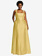 Alt View 1 Thumbnail - Maize Boned Corset Closed-Back Satin Gown with Full Skirt and Pockets