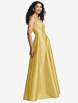Side View Thumbnail - Maize Boned Corset Closed-Back Satin Gown with Full Skirt and Pockets