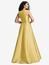 Rear View Thumbnail - Maize Boned Corset Closed-Back Satin Gown with Full Skirt and Pockets