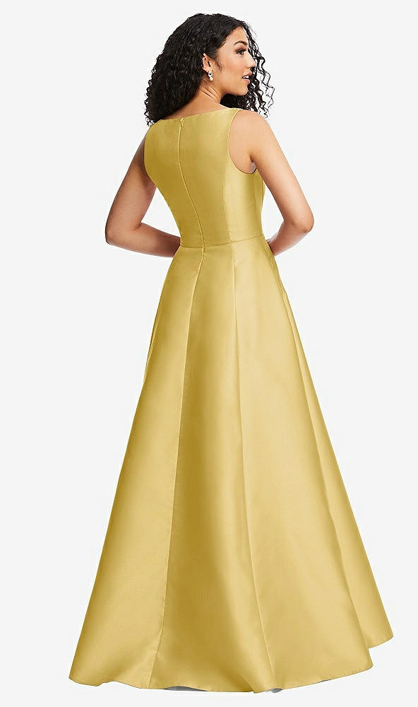 Back View - Maize Boned Corset Closed-Back Satin Gown with Full Skirt and Pockets