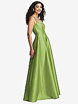 Side View Thumbnail - Mojito Boned Corset Closed-Back Satin Gown with Full Skirt and Pockets