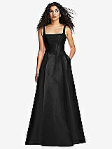 Front View Thumbnail - Black Boned Corset Closed-Back Satin Gown with Full Skirt and Pockets