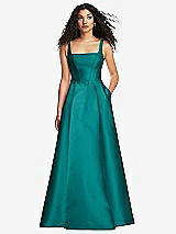 Front View Thumbnail - Jade Boned Corset Closed-Back Satin Gown with Full Skirt and Pockets