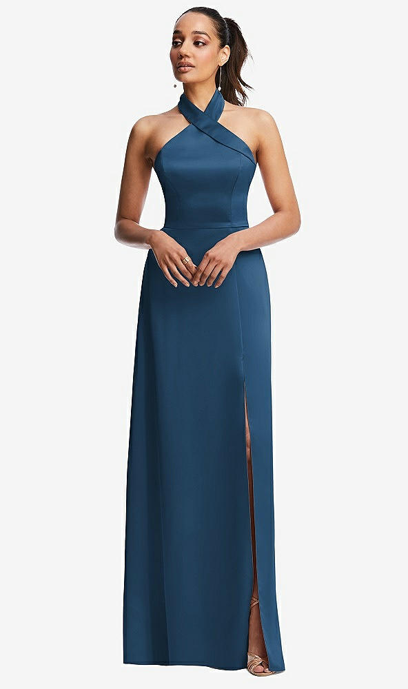 Front View - Dusk Blue Shawl Collar Open-Back Halter Maxi Dress with Pockets