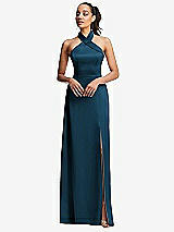 Front View Thumbnail - Atlantic Blue Shawl Collar Open-Back Halter Maxi Dress with Pockets
