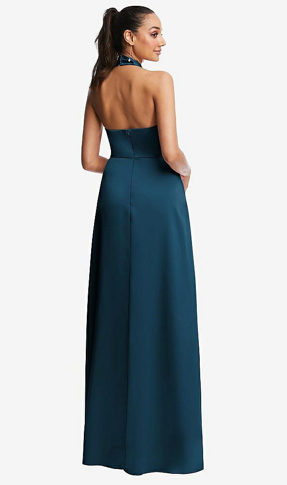 Back View - Atlantic Blue Shawl Collar Open-Back Halter Maxi Dress with Pockets