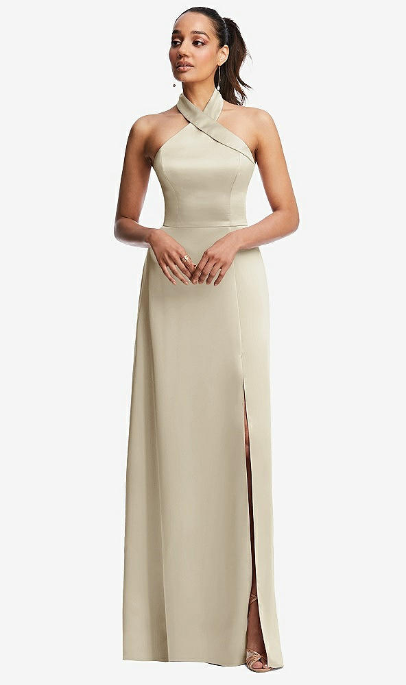 Front View - Champagne Shawl Collar Open-Back Halter Maxi Dress with Pockets