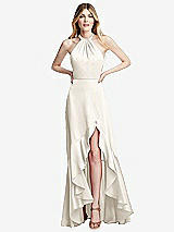 Alt View 1 Thumbnail - Ivory Tie-Neck Halter Maxi Dress with Asymmetric Cascade Ruffle Skirt