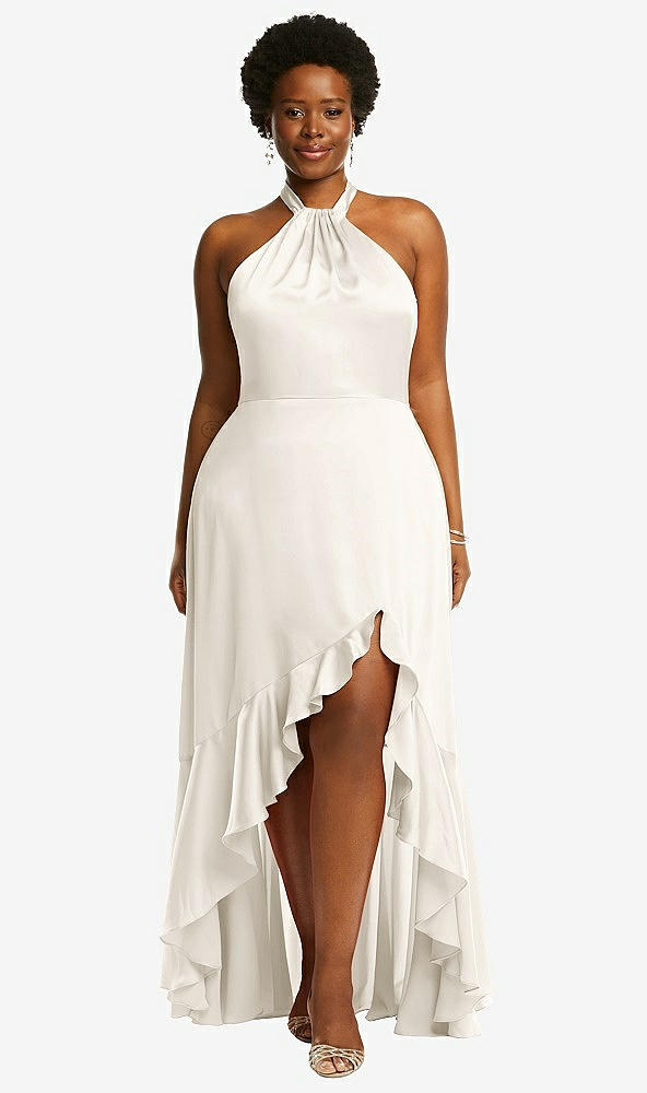Front View - Ivory Tie-Neck Halter Maxi Dress with Asymmetric Cascade Ruffle Skirt