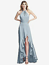 Alt View 1 Thumbnail - Mist Tie-Neck Halter Maxi Dress with Asymmetric Cascade Ruffle Skirt