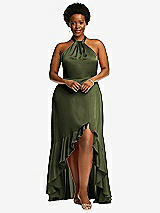 Alt View 4 Thumbnail - Olive Green Tie-Neck Halter Maxi Dress with Asymmetric Cascade Ruffle Skirt