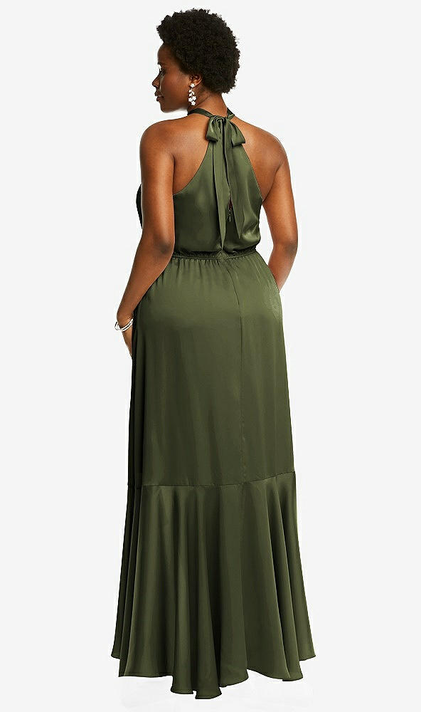 Back View - Olive Green Tie-Neck Halter Maxi Dress with Asymmetric Cascade Ruffle Skirt