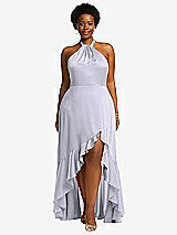 Front View Thumbnail - Silver Dove Tie-Neck Halter Maxi Dress with Asymmetric Cascade Ruffle Skirt
