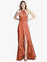 Alt View 1 Thumbnail - Terracotta Copper Tie-Neck Halter Maxi Dress with Asymmetric Cascade Ruffle Skirt