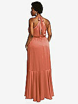 Rear View Thumbnail - Terracotta Copper Tie-Neck Halter Maxi Dress with Asymmetric Cascade Ruffle Skirt