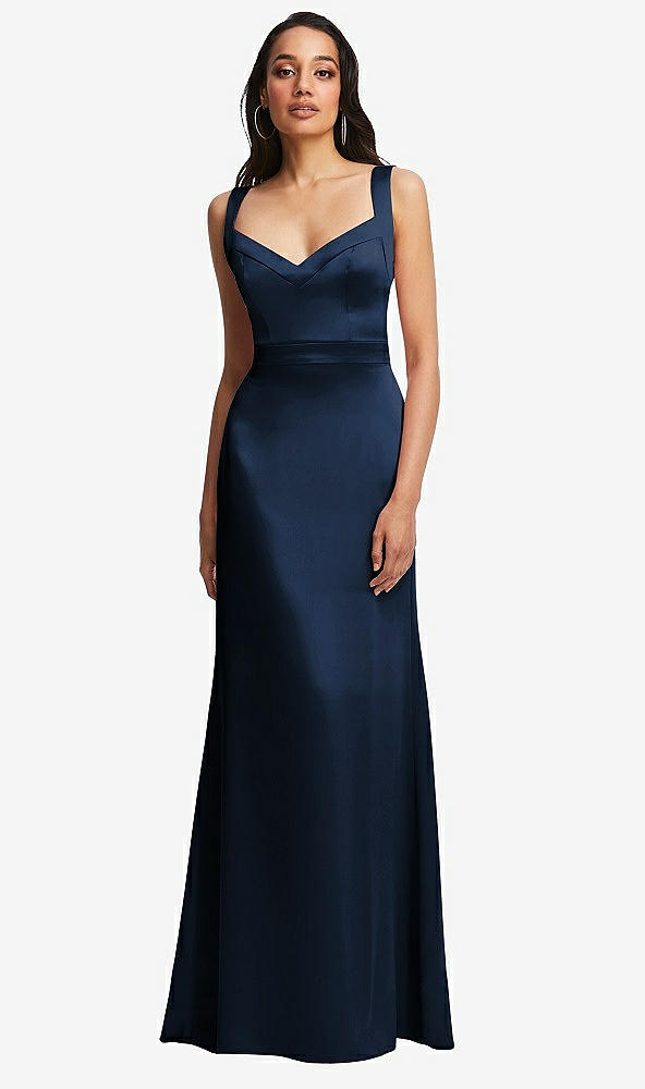 Front View - Midnight Navy Framed Bodice Criss Criss Open Back A-Line Maxi Dress