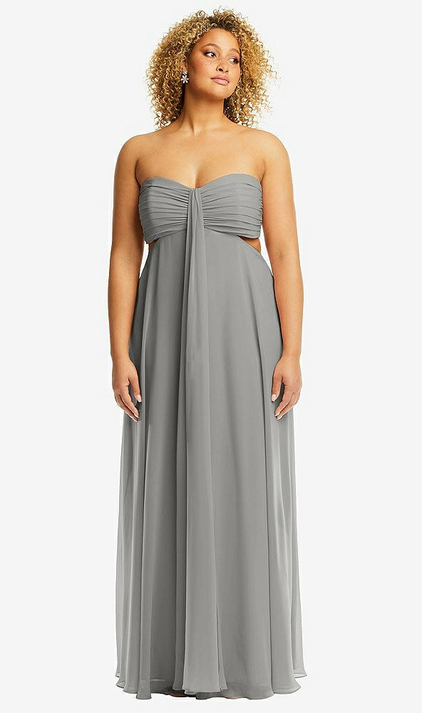 Front View - Chelsea Gray Strapless Empire Waist Cutout Maxi Dress with Covered Button Detail