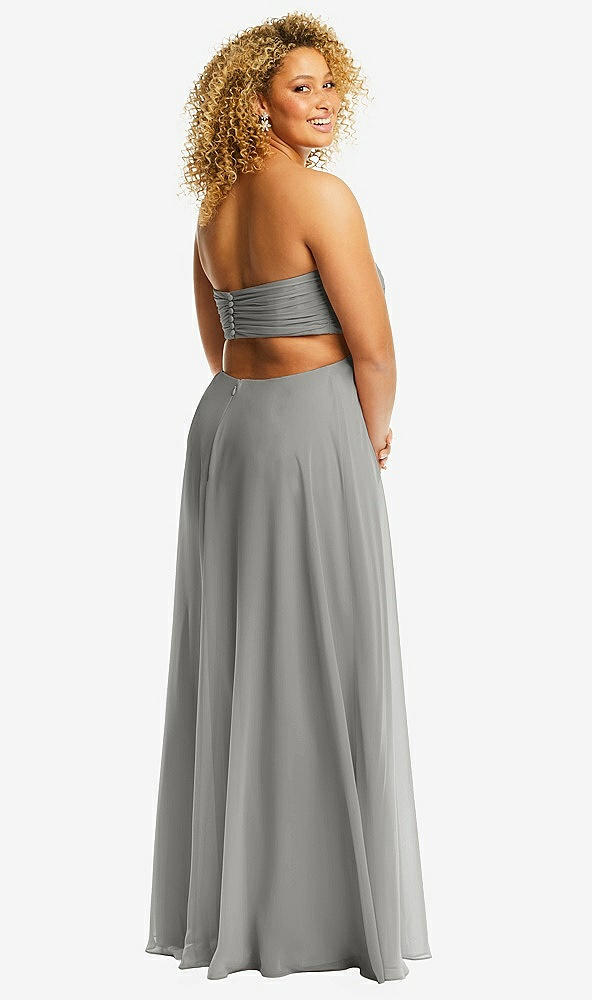 Back View - Chelsea Gray Strapless Empire Waist Cutout Maxi Dress with Covered Button Detail