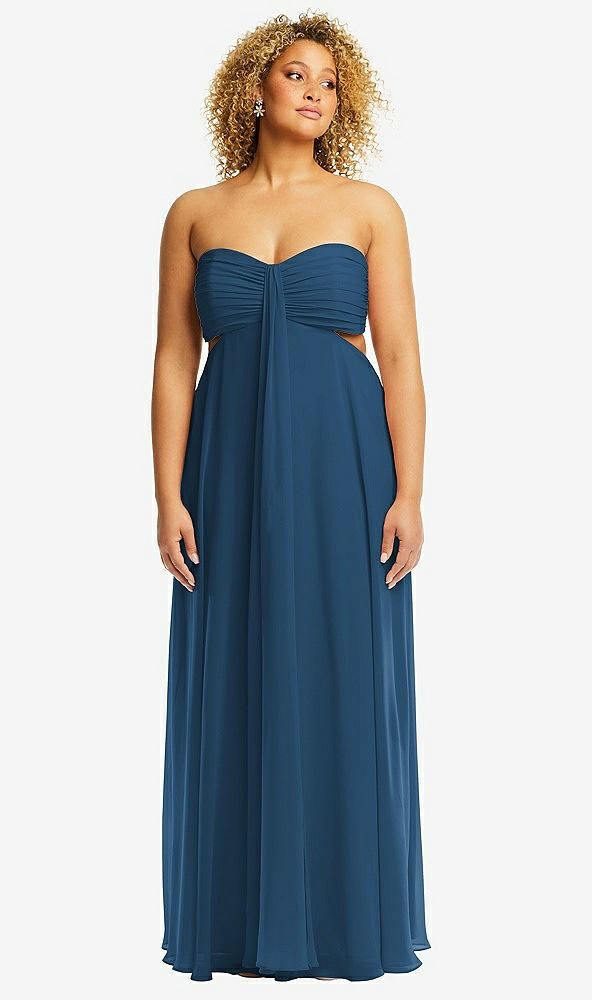 Front View - Dusk Blue Strapless Empire Waist Cutout Maxi Dress with Covered Button Detail
