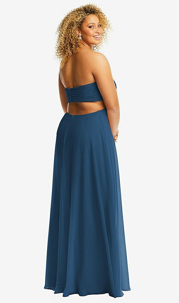 Back View - Dusk Blue Strapless Empire Waist Cutout Maxi Dress with Covered Button Detail