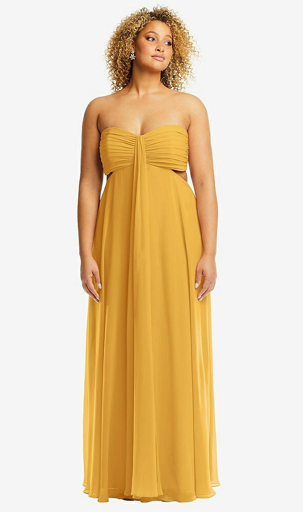 Front View - NYC Yellow Strapless Empire Waist Cutout Maxi Dress with Covered Button Detail