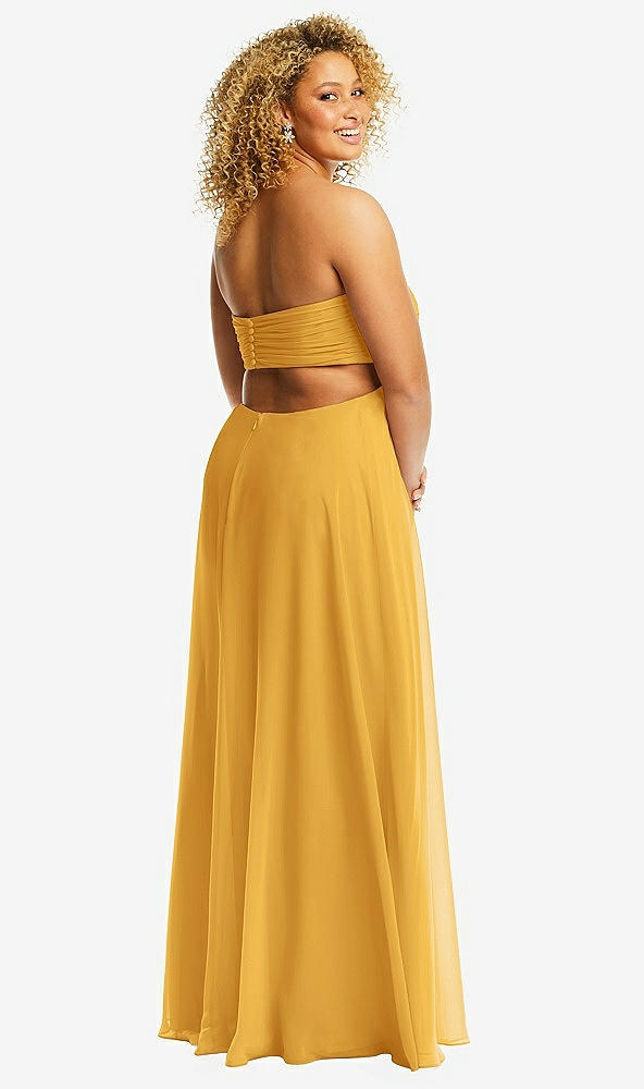 Back View - NYC Yellow Strapless Empire Waist Cutout Maxi Dress with Covered Button Detail