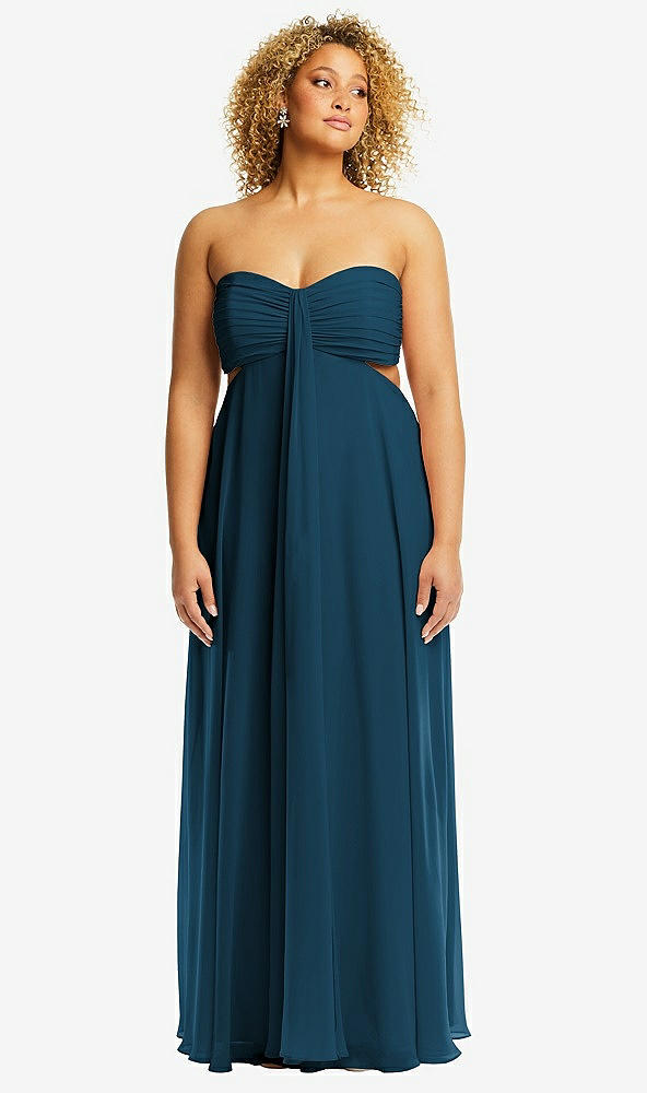 Front View - Atlantic Blue Strapless Empire Waist Cutout Maxi Dress with Covered Button Detail
