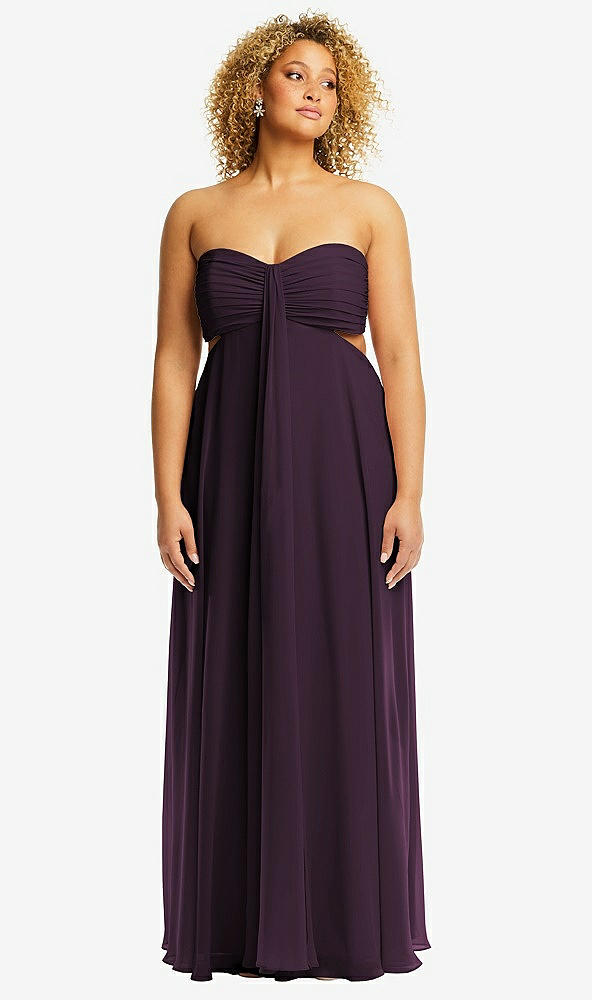 Front View - Aubergine Strapless Empire Waist Cutout Maxi Dress with Covered Button Detail
