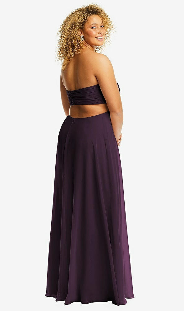 Back View - Aubergine Strapless Empire Waist Cutout Maxi Dress with Covered Button Detail
