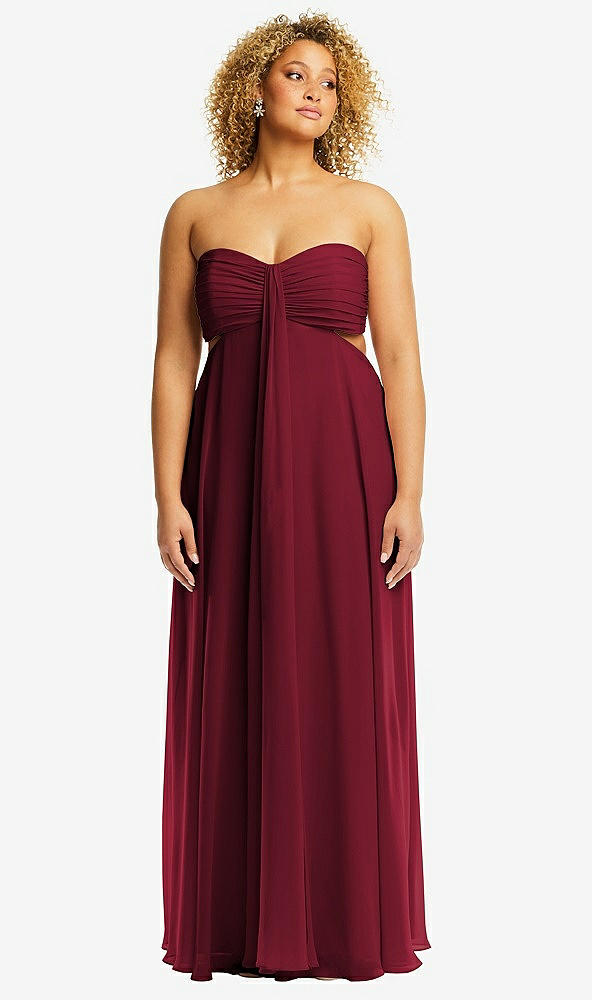 Front View - Burgundy Strapless Empire Waist Cutout Maxi Dress with Covered Button Detail