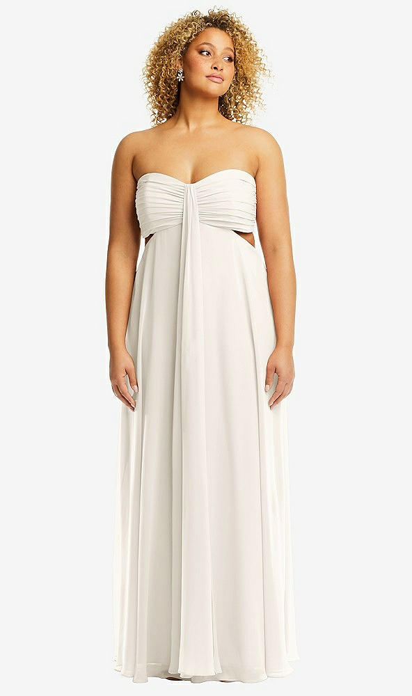 Front View - Ivory Strapless Empire Waist Cutout Maxi Dress with Covered Button Detail