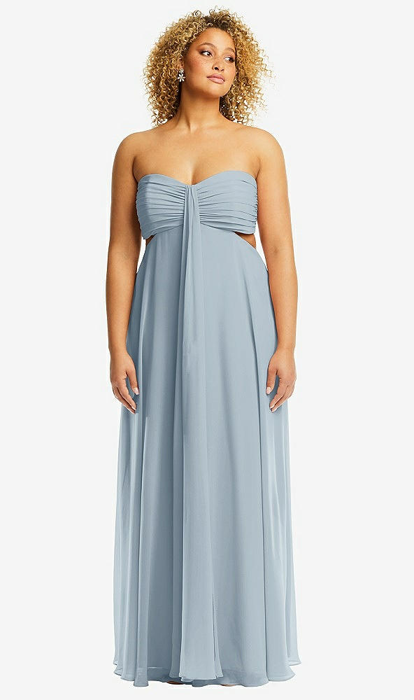 Front View - Mist Strapless Empire Waist Cutout Maxi Dress with Covered Button Detail