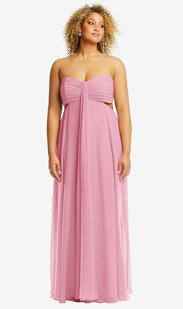 Front View - Peony Pink Strapless Empire Waist Cutout Maxi Dress with Covered Button Detail