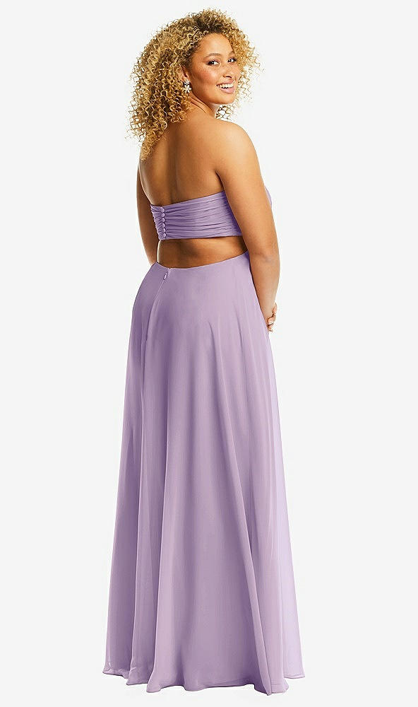 Back View - Pale Purple Strapless Empire Waist Cutout Maxi Dress with Covered Button Detail