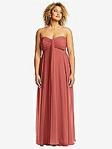 Front View Thumbnail - Coral Pink Strapless Empire Waist Cutout Maxi Dress with Covered Button Detail