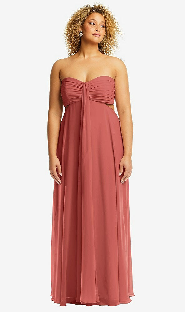 Front View - Coral Pink Strapless Empire Waist Cutout Maxi Dress with Covered Button Detail