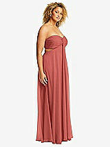 Side View Thumbnail - Coral Pink Strapless Empire Waist Cutout Maxi Dress with Covered Button Detail