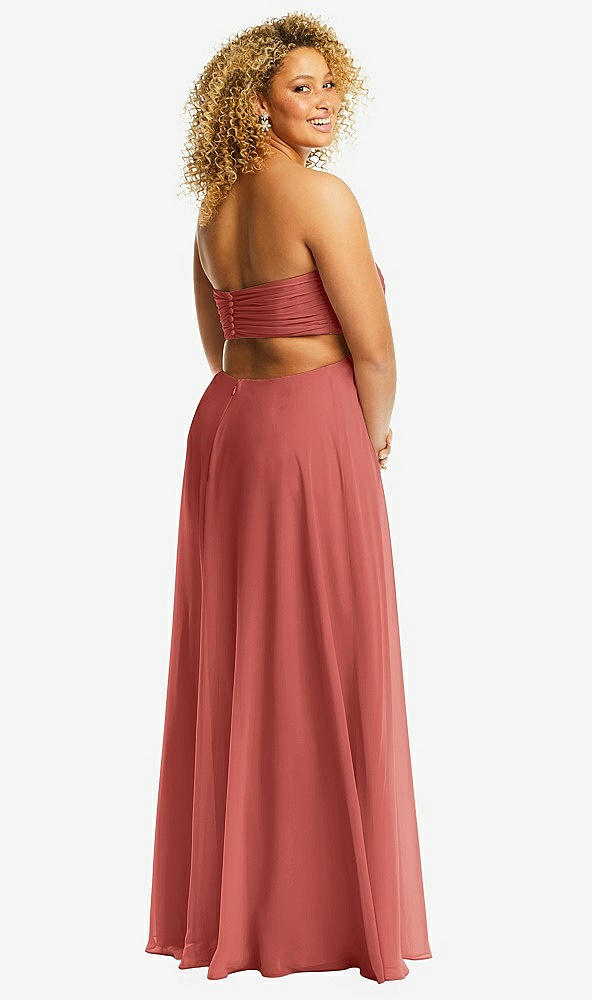 Back View - Coral Pink Strapless Empire Waist Cutout Maxi Dress with Covered Button Detail