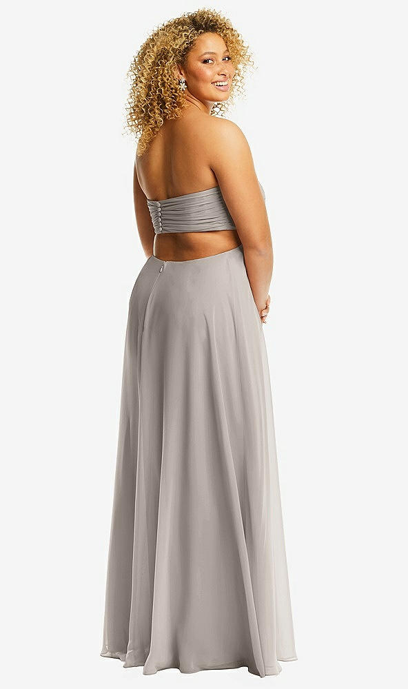 Back View - Taupe Strapless Empire Waist Cutout Maxi Dress with Covered Button Detail